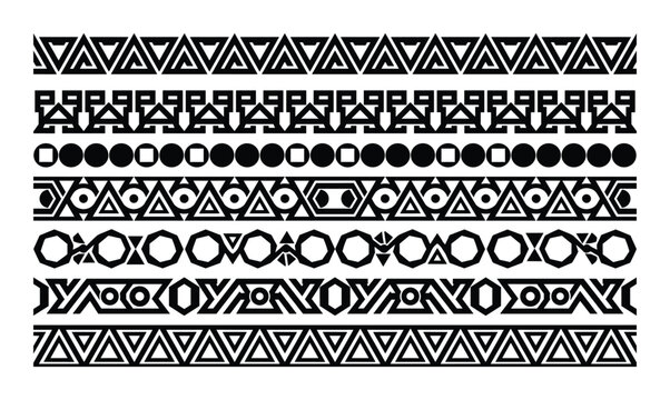 Geometric borders with triangle, square, circle, and polygon pattern designs. Seamless decorative border lines