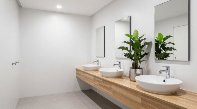 Contemporary commercial restroom featuring three sinks, wood countertop, mirrors, and potted plant for a modern aesthetic