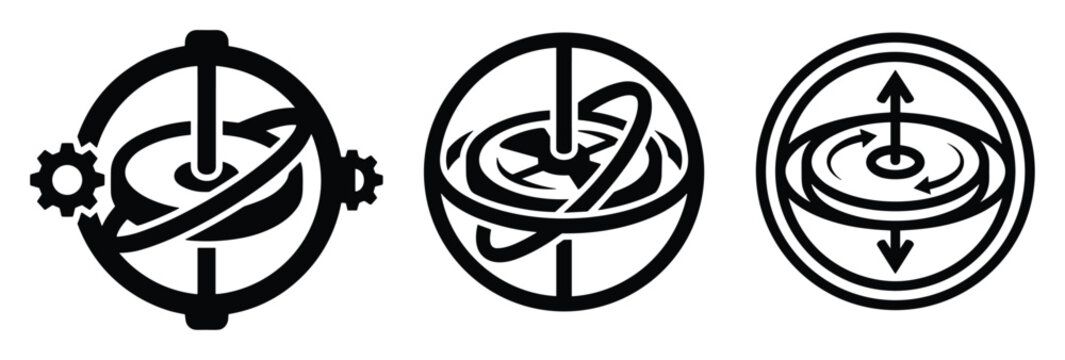 Gyroscope vector icons. Mechanical rotation system, movement mechanism design