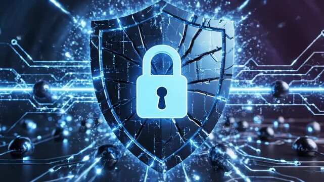 Cracked shield with a padlock symbolizing cybersecurity and data protection