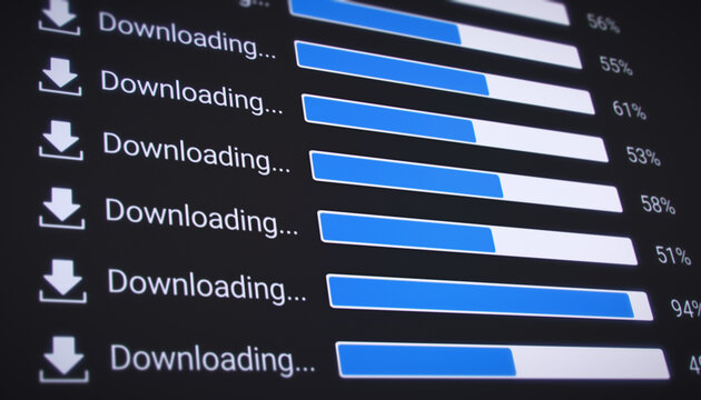 Illustration of the process of uploading multiple files from the Internet on a computer monitor screen. A computer monitor displaying information about the data upload in real time.