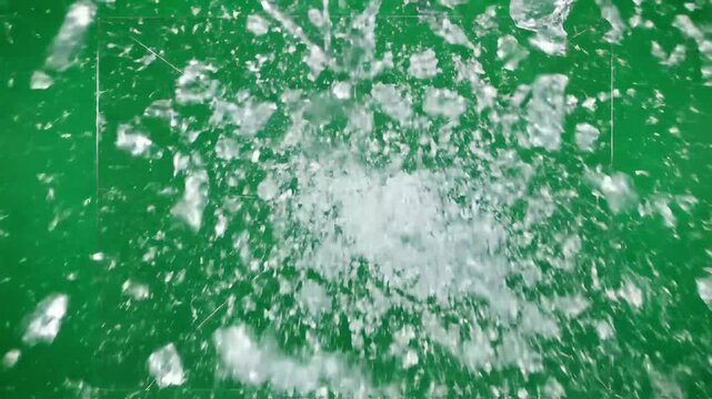 Explosion of shattered ice shards against a vivid green backdrop