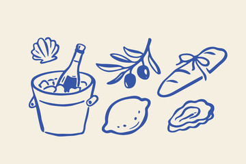 Obraz na płótnie Canvas Wine and seafood aperitif doodle line art vector illustration