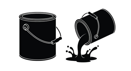 Two paint buckets one spilling depicted in stark black silhouette © MDHOJAIFA