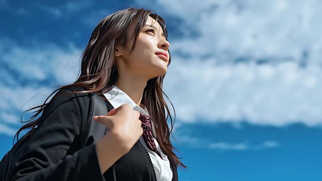 青空の下で新生活への希望に満ちた日本人女子学生