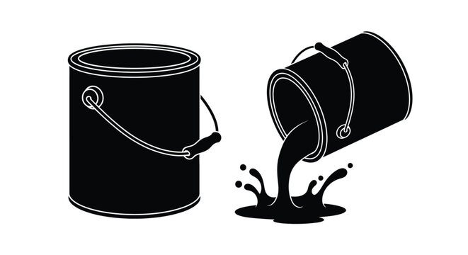 Two paint buckets one spilling depicted in stark black silhouette