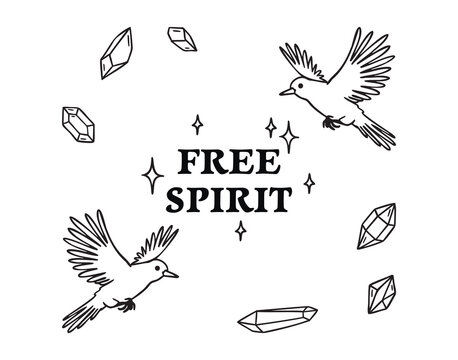 Free Spirit text with two birds and scattered crystals, square layout, boho, hand drawn, monochrome line art, outline contour
