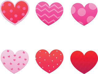 Set of colorful pink and red heart icons with different patterns, vector illustration isolated on transparent background