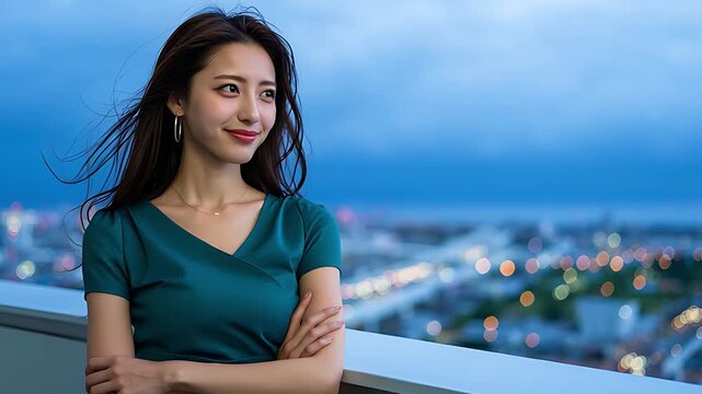 夜の都会を背景に腕を組み佇む日本人女性