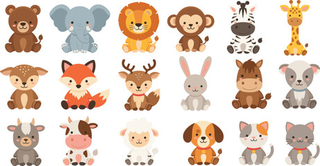 Fototapeta premium Cute Animal Cartoon Characters Vector Set with Wild Farm and Pet Animals for Kids