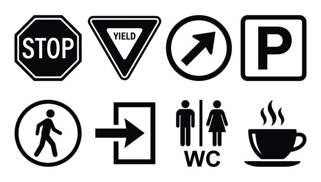 Road and service signs collection: Stop, yield, direction, parking, pedestrian, exit, restroom, and coffee icon