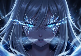 Close-up of a powerful ice queen with glowing blue crystal eyes.