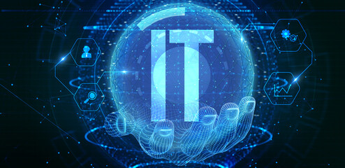 IT consultant presenting tag cloud about information technology. 3d illustration