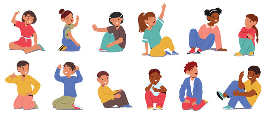 Cute kids cartoon characters sitting waving their hands in friendly greeting gesture isolated set