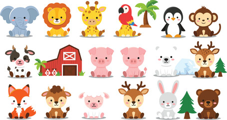 Cute Animal Cartoon Vector Set with Wild Farm and Forest Animals for Kids Illustration