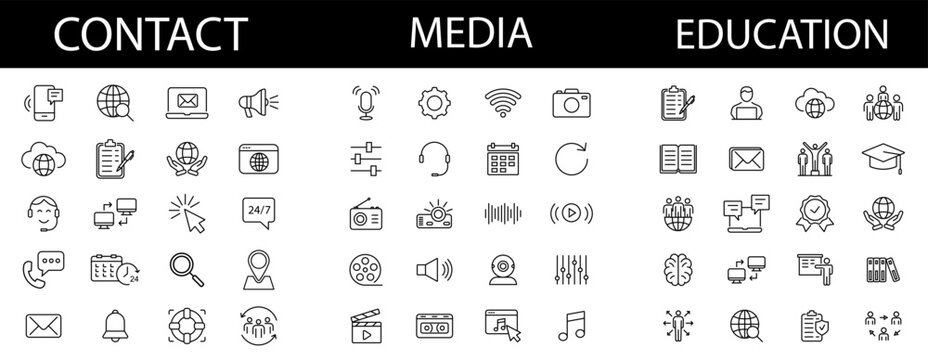 Audio and Video web icons. Education icons. Education, School, Book . Contact icon.  Support, message, phone.
