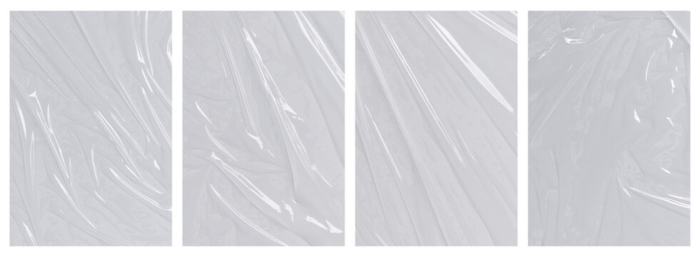 Four panels of crinkled clear plastic wrap with a light hue. Ideal for packaging design, environmental concepts, or abstract backgrounds.