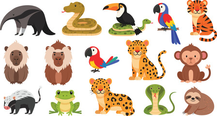 Obraz premium Cute Wild Jungle Animals Cartoon Vector Set with Exotic Mammals Birds and Reptiles
