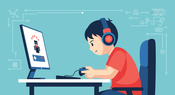 A modern flat design illustration showing a child gamer with a controller and computer, representing aspirations in video game development or professional gaming. 