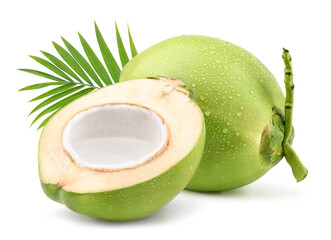 Young green coconut with half cut isolated on white.