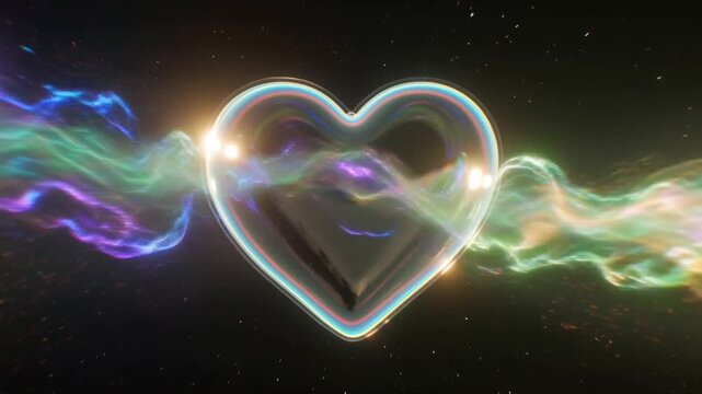 4K surreal video, glowing semi-transparent heart floating infinite dark void, pulsating rhythmically, emitting vibrant rainbow shockwaves pulse, abstract particles light streams bending waves floating