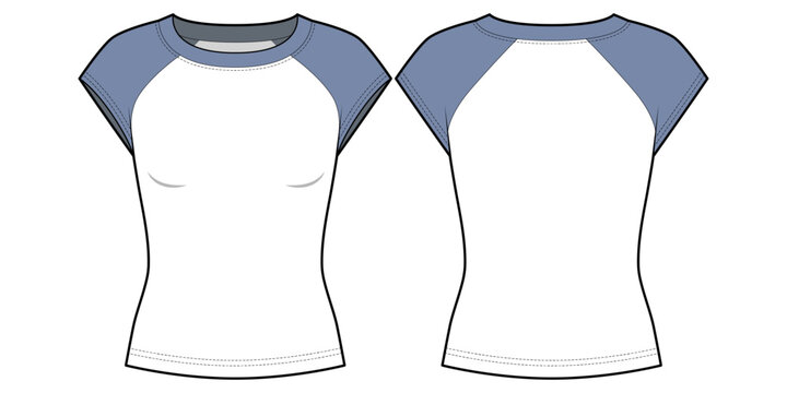  Women's Slim Fit  Short-Sleeve Color-Block Raglan T-Shirt- Flat Vector Illustration - Front and Back View- Full Length Baseball Tee CAD, Vector Mock up