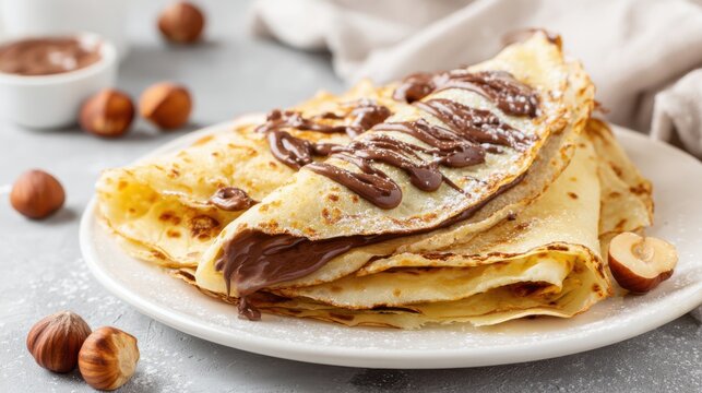 Delicious nutella crepes with hazelnuts on white plate.
