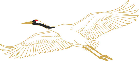 Fototapeta premium Elegant gold line art illustration of a Japanese crane in flight with a distinctive red crown.