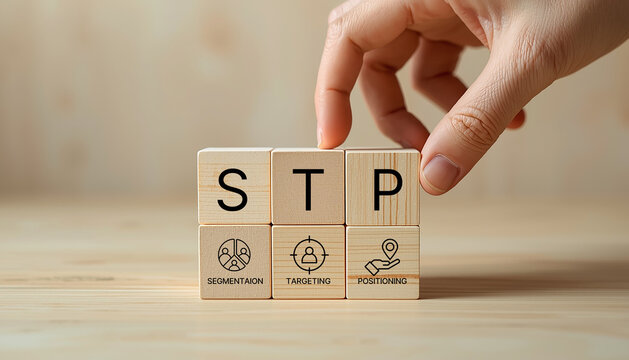 Segmentaion, targeting, positioning .STP Marketing Model. Wooden blocks with STP icons. Identify different customer groups, select groups to prioritize, and create brand&rsquo;s unique value proposition.