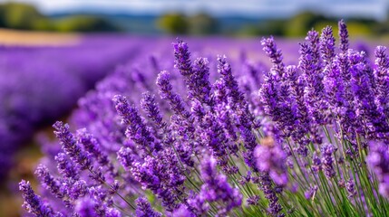 Obraz premium Vibrant lavender fields in bloom under blue sky.