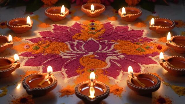 Traditional Indian Diwali Festival. Vibrant Rangoli Art featuring Lotus and Peacock Design Surrounded by Glowing Earthenware Clay Diyas 4k video animation seamless loop