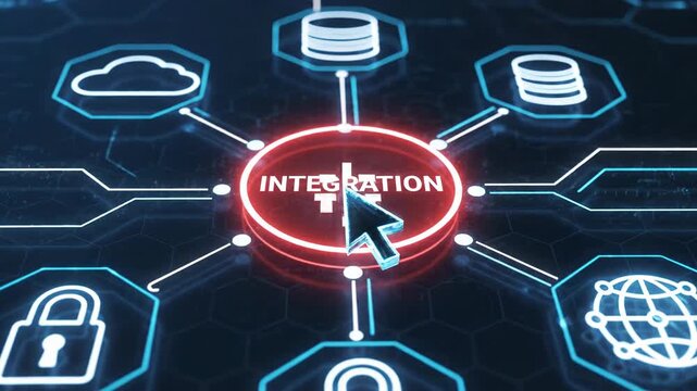 Data integration concept with connected icons and red glow