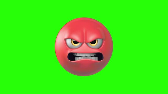 3D Animated Red Angry Emoji 4k animation Face on Green Screen Stock Footage for Video Editing and Content Creation, Visual Representation of Rage and Frustration, Perfect for Memes and Emotional impac