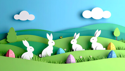 Easter bunnies in a paper cut landscape with colorful eggs.