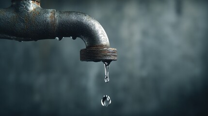 Rusty Metal Pipe Dripping Water Droplet Macro on Dark Background. Corroded Plumbing Joint Slow Water Drip Closeup