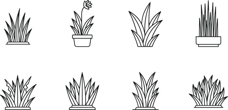 Minimalist plant and grass line art icon set featuring various potted plants and garden shrubs for nature-themed designs.