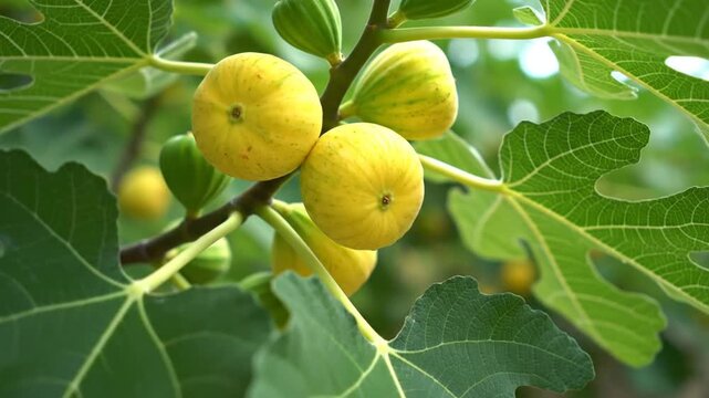 Ripe yellow figs growing on a tree branch with green leaves