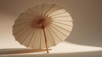 Minimal beach parasol with soft sculptural shadows in warm sunlight on neutral background