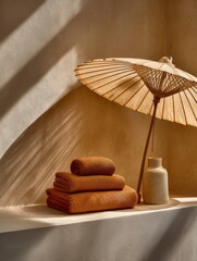 Spa still life with folded towels and beach parasol in warm sunlight on neutral background