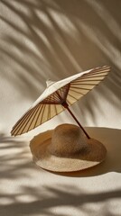 Straw hat with beach parasol casting soft shadows in warm sunlight on neutral background