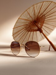 Elegant sunglasses with beach parasol casting soft shadows in warm sunlight on neutral background