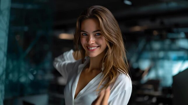 smiling professional woman in corporate setting with copy space, friendly businesswoman headshot for linkedin profile, happy female professional portrait with clean background