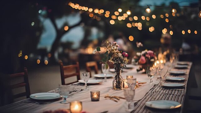 Outdoor dinner party with string lights and flowers on a long table set for guests at evening