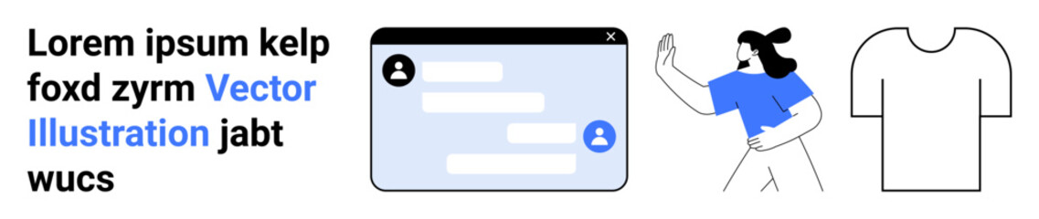 Fototapeta premium Communication, social media, personalization, messaging platforms, digital identity, online presence. A chat window, a waving person and a t-shirt sketch. Communication and social media concept