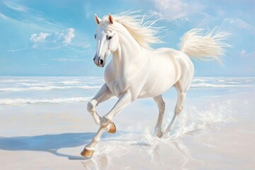 Fototapeta premium Majestic white horse galloping along the sunny ocean beach with vibrant waves