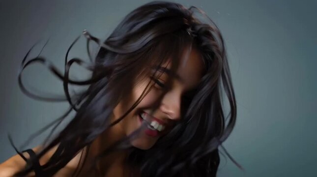 smiling young woman portrait with soft lighting and copy space, minimal headshot of young woman looking at camera on gray background, clean beauty portrait of smiling female face with neutral backdrop