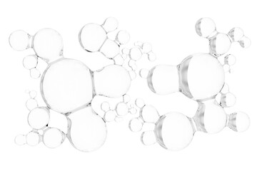 Transparent 3D molecules, liquid water drops, bubbles. Cosmetic products for skin care, hyaluronic. Abstract pattern. Healthcare and medicine designs concept, beauty background.