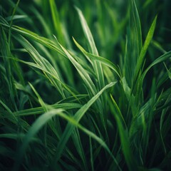 Fototapeta premium Lush green grass blades close-up in natural environment.