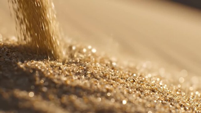 Golden Grains Pouring - A Macro View of Flowing Particles.