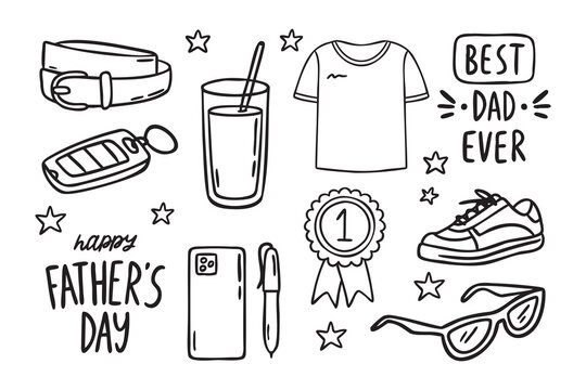 Fathers Day doodle set with icons and lettering number 382, hand drawn doodle line art monochrome hand drawn